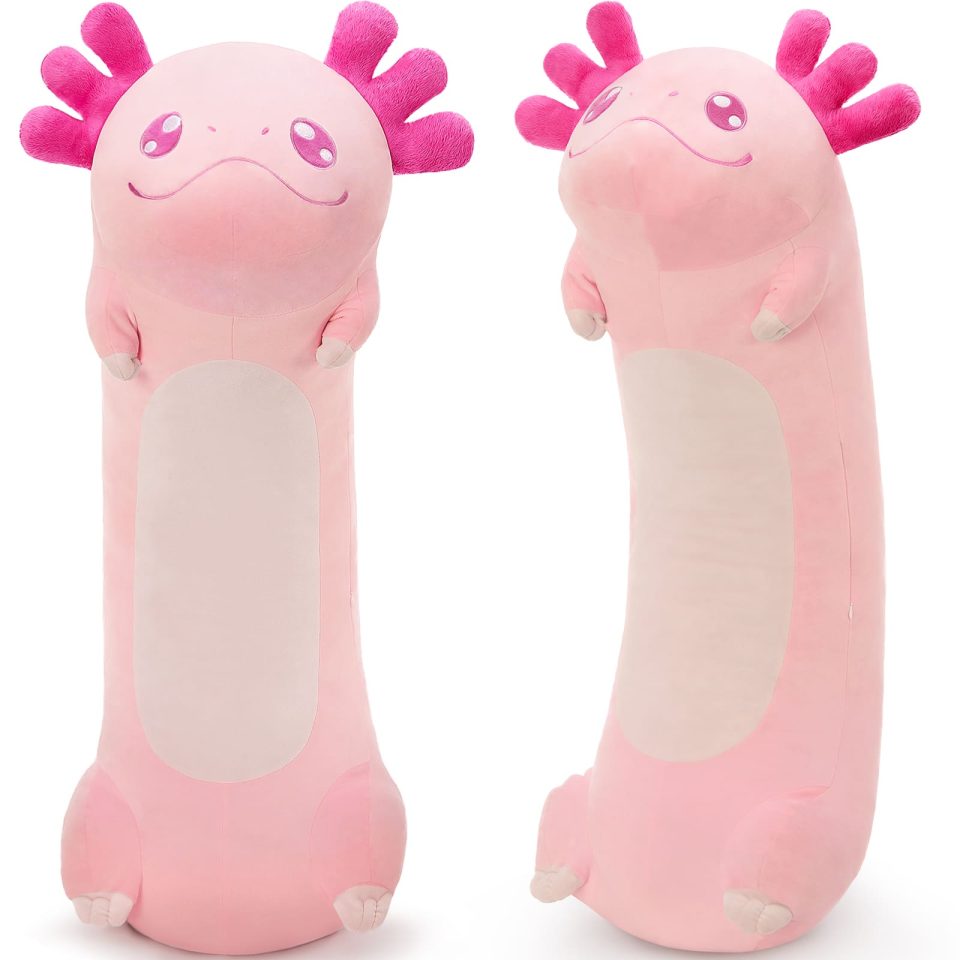 Jumbo Axolotl Cartoon Long Plush Pillow. Pink. 39 Inches