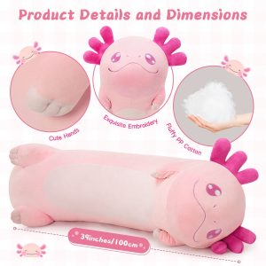 Jumbo Axolotl Cartoon Long Plush Pillow. Pink. 39 Inches